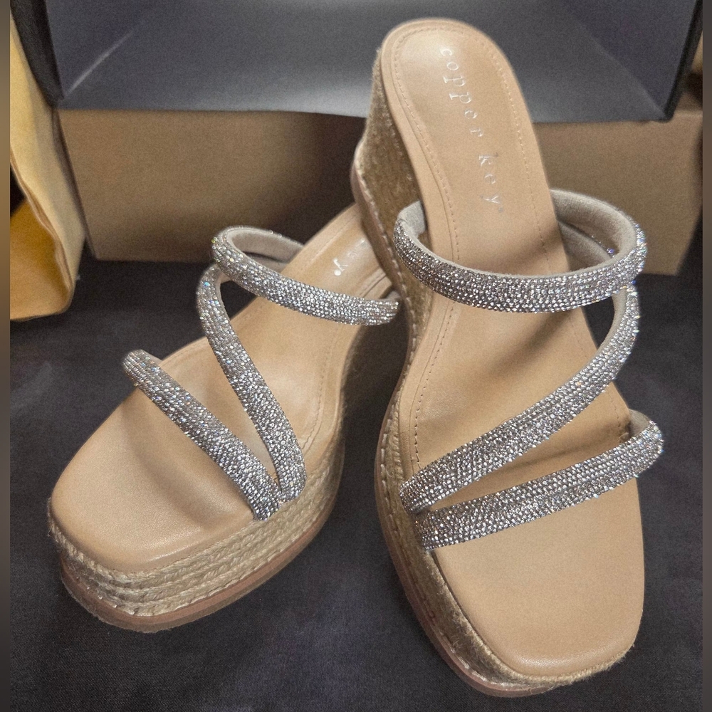 "Cooper Key Sugar Rhinestones Espadrile Strappy Platform Wedge" Size 7M